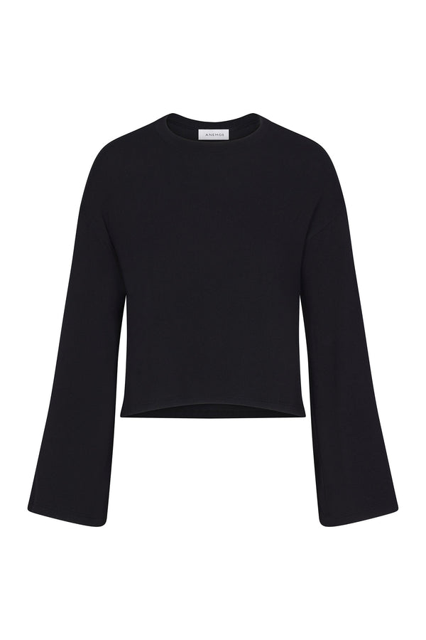 Bell Sleeve Boxy Crop Sweater in Modal Knit Black on White Background