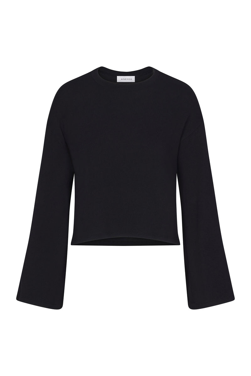 Bell Sleeve Boxy Crop Sweater in Modal Knit Black on White Background