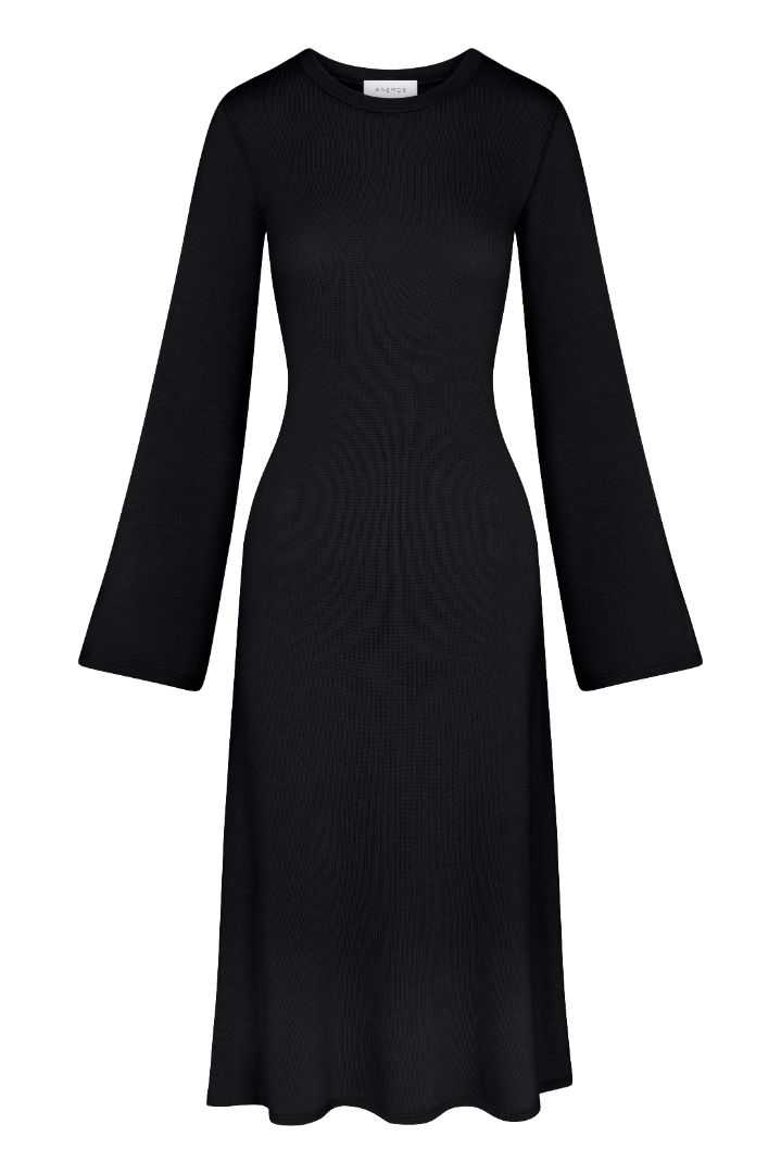 Bell Sleeve Midi Dress in Tencel knit on a white background, featuring a midi length and flared sleeves inspired by ’60s-era Jane Birkin for a versatile, elegant look. 