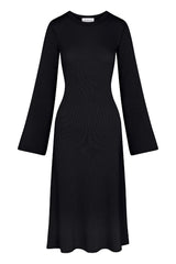 Bell Sleeve Midi Dress in Tencel knit on a white background, featuring a midi length and flared sleeves inspired by ’60s-era Jane Birkin for a versatile, elegant look. 