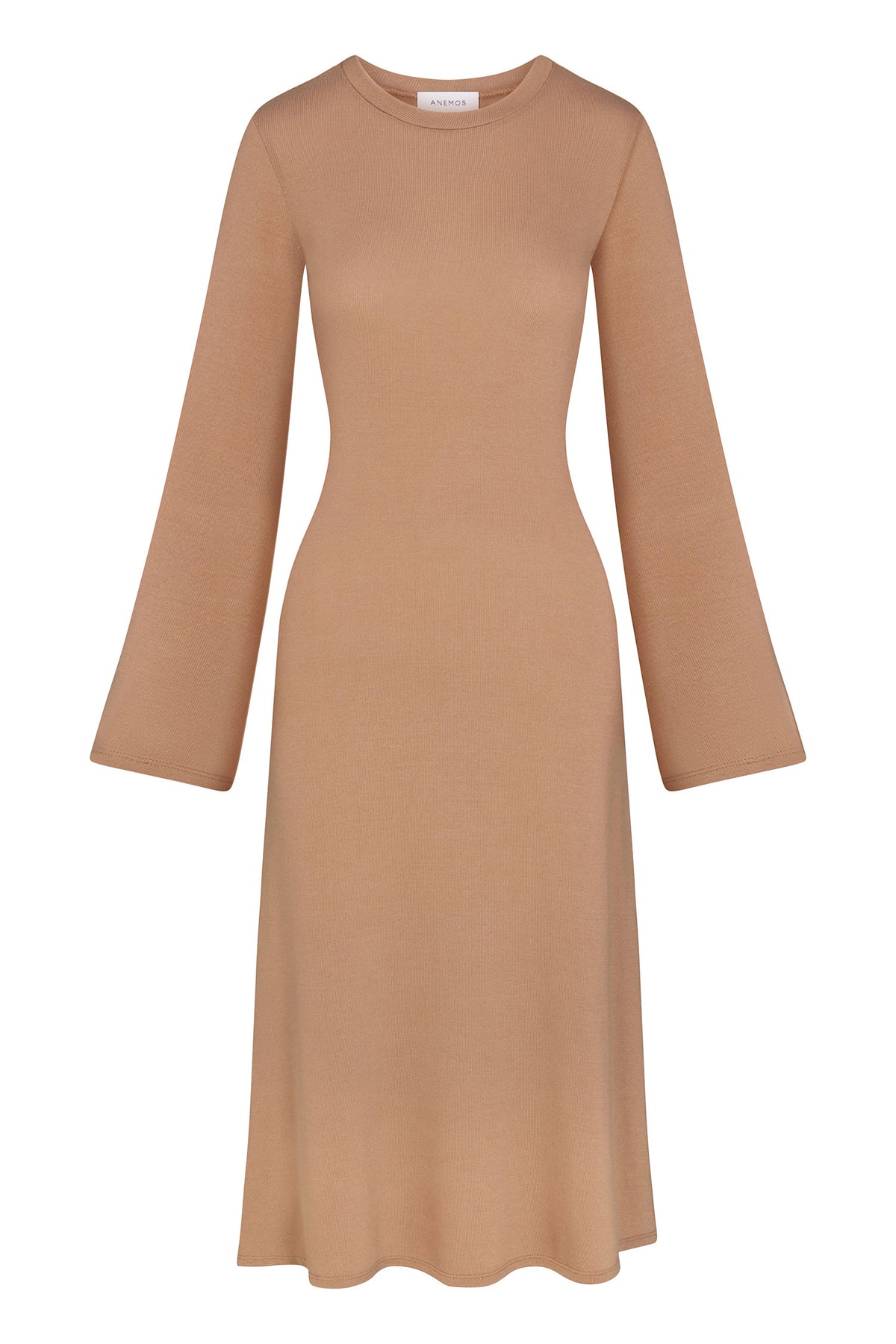 Bell Sleeve Midi Dress in fawn Tencel knit on a white background, featuring a midi length and flared sleeves inspired by ’60s-era Jane Birkin for a versatile, elegant look. 