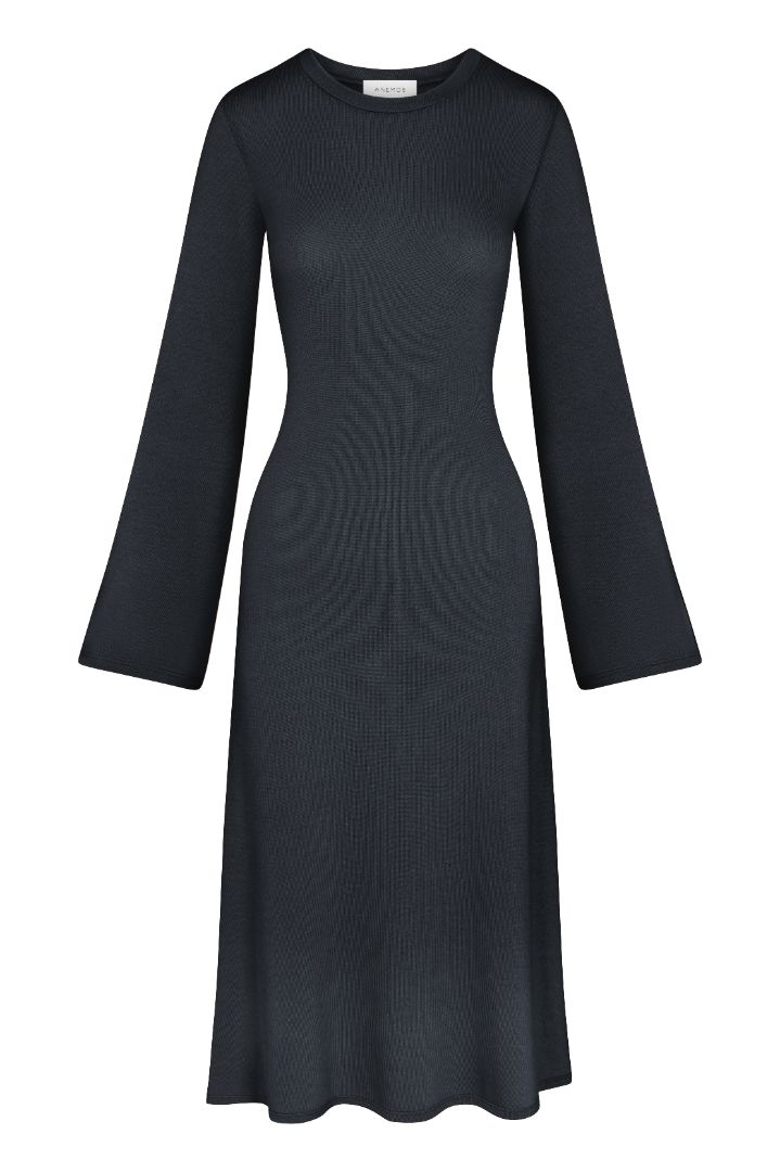 Bell Sleeve Midi Dress in midnight Tencel knit on a white background, featuring a midi length and flared sleeves inspired by ’60s-era Jane Birkin for a versatile, elegant look. 
