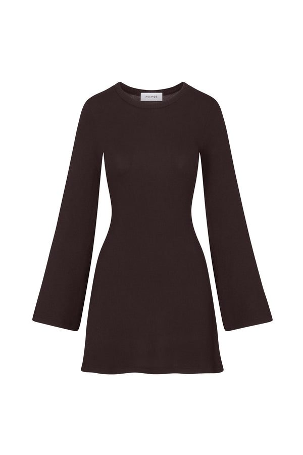 Bell Sleeve Mini Dress in Black Modal Knit on white background
