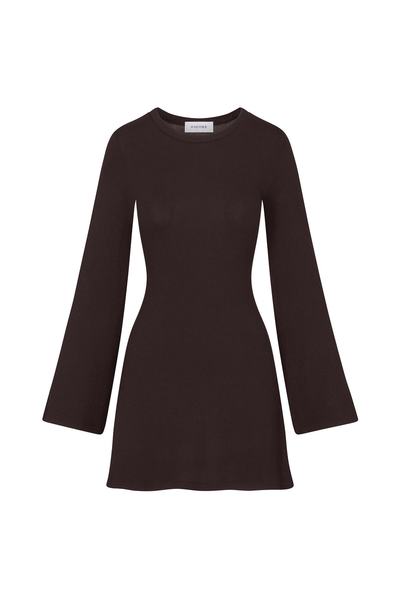 Bell Sleeve Mini Dress in Black Modal Knit on white background