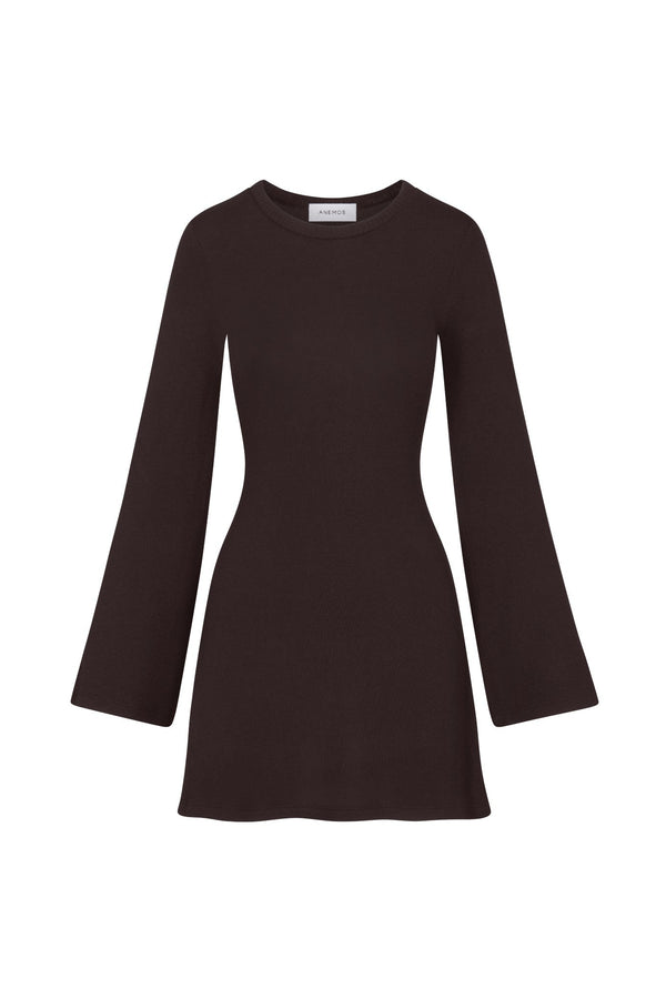 Bell Sleeve Mini Dress in Espresso Modal Knit on white background