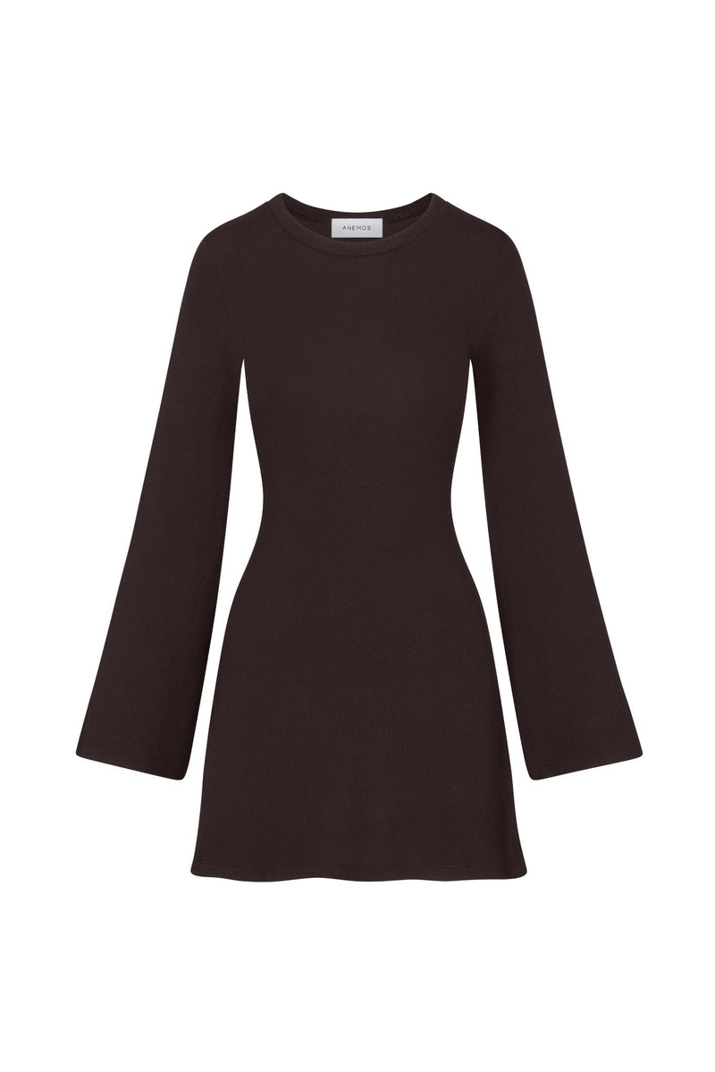 Bell Sleeve Mini Dress in Espresso Modal Knit on white background
