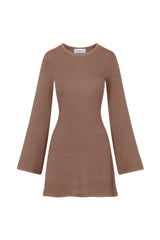 Light brown dress with long bell sleeves on a white background