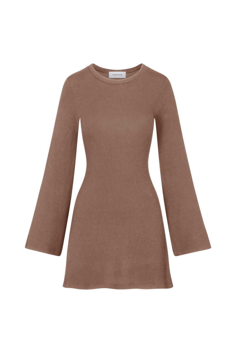 Light brown dress with long bell sleeves on a white background