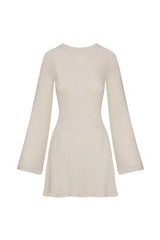 A bell sleeve mini dress in natural tencel linen knit on a white background