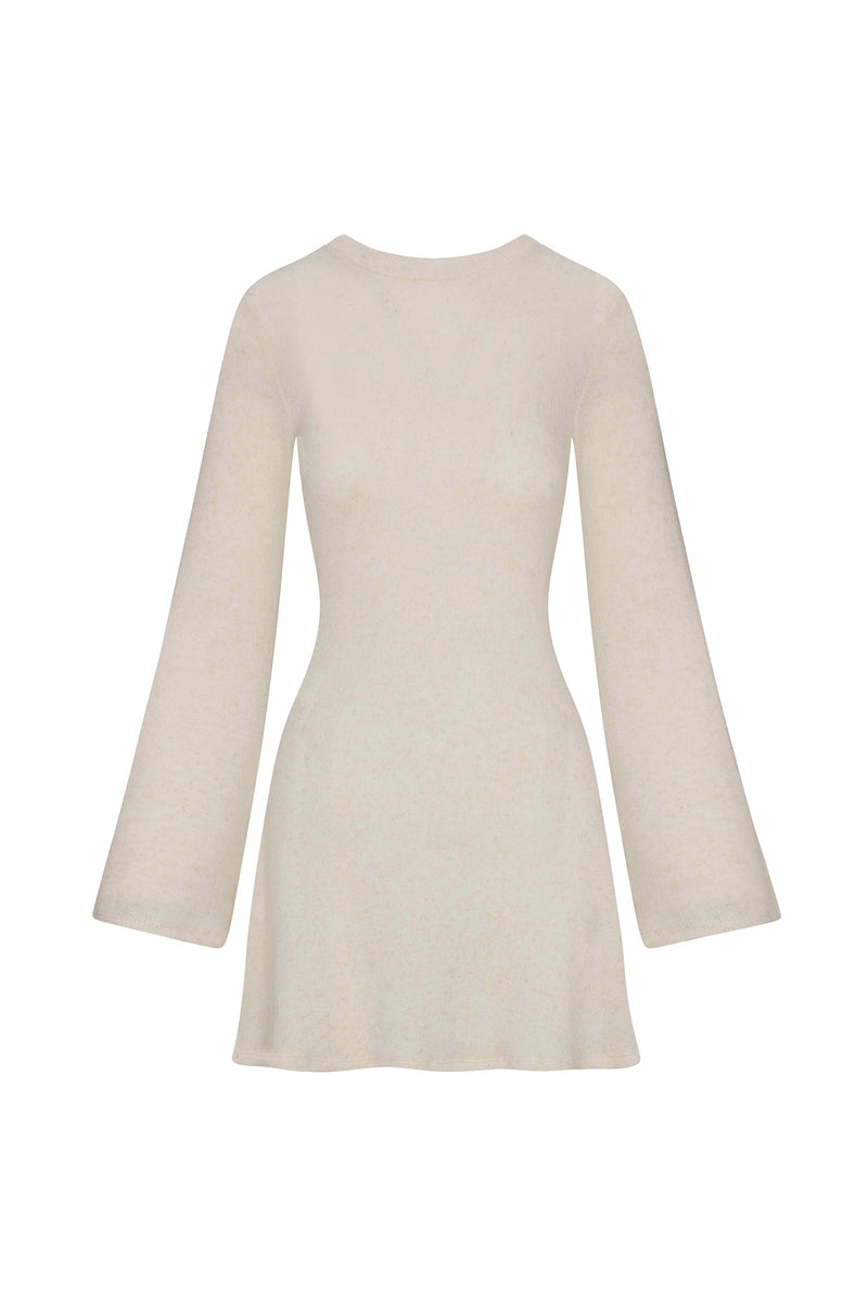 A bell sleeve mini dress in natural tencel linen knit on a white background