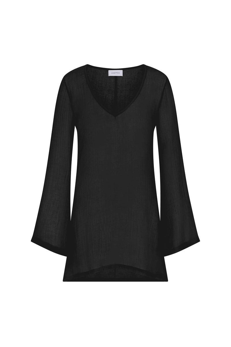 Bell Sleeve Tunic Dress in Woven Bamboo Cotton Gauze, color Black, on a white background