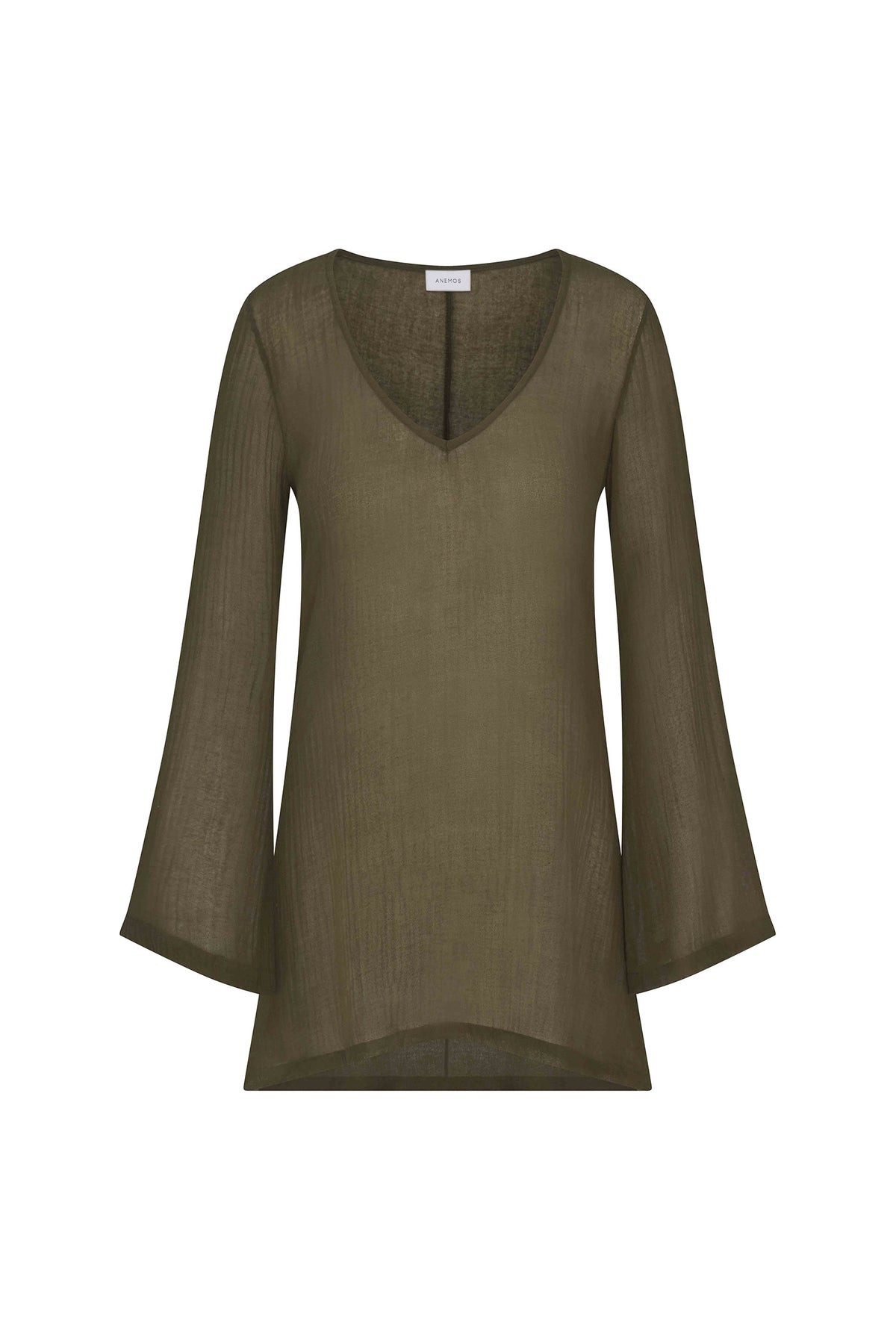 Bell Sleeve Tunic Dress in Woven Bamboo Cotton Gauze in color cypress green on a white background