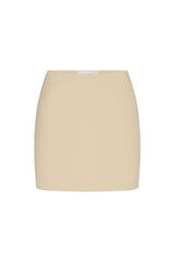 Bias-Cut Mini Skirt in fluid stretch sateen on a white background. Sleek, versatile, and perfect for elevated everyday or evening wear.