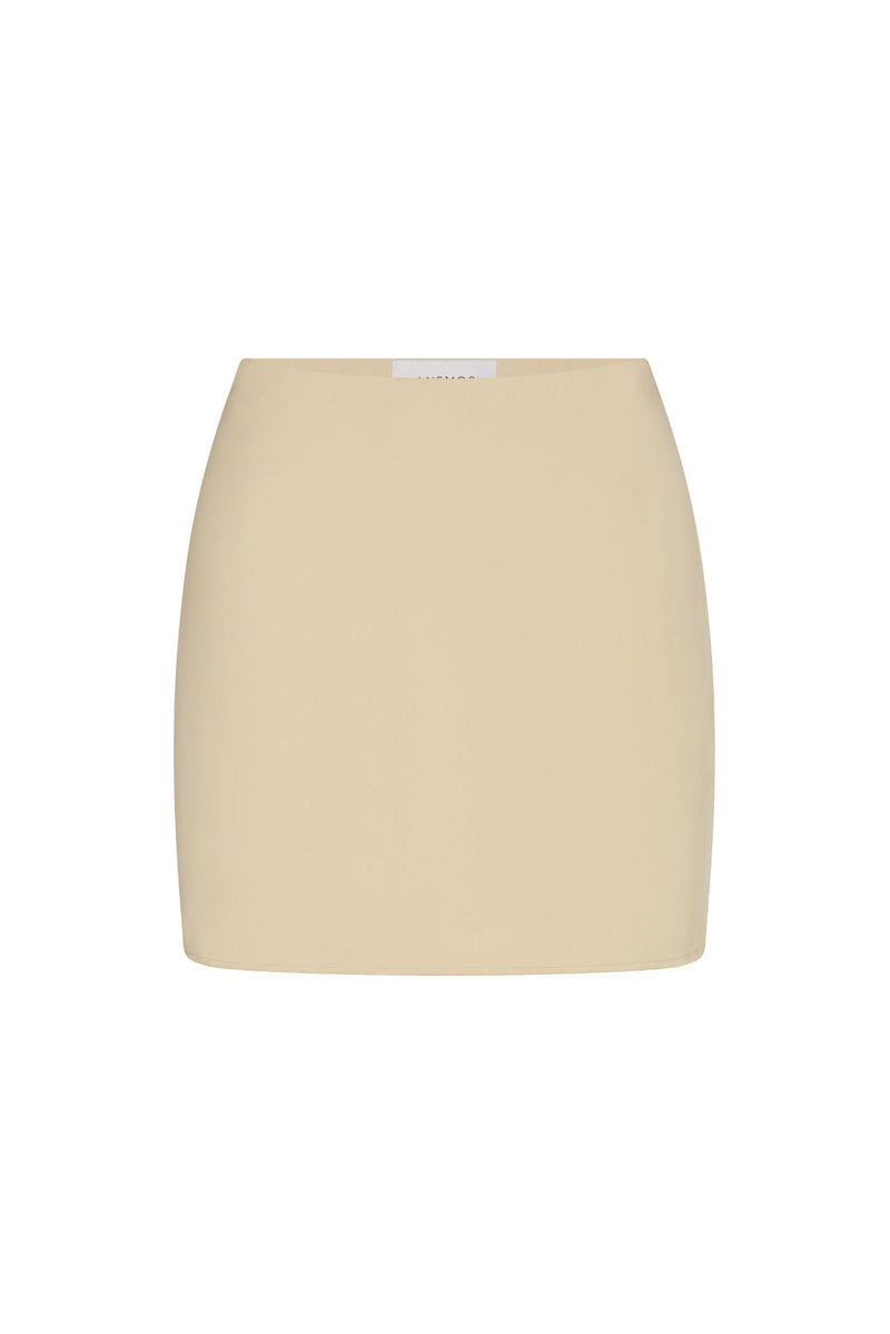 Bias-Cut Mini Skirt in fluid stretch sateen on a white background. Sleek, versatile, and perfect for elevated everyday or evening wear.