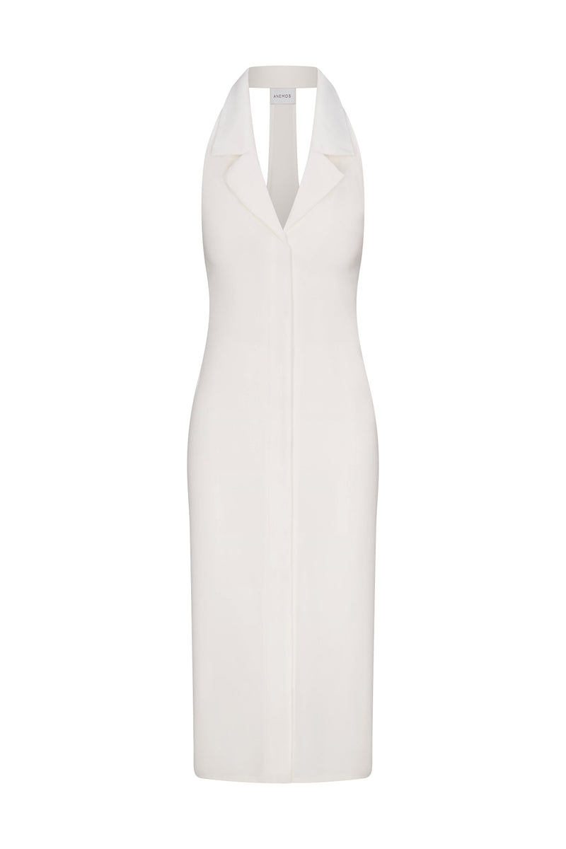 Bond Midi Dress White in Stretch Twill  on white background