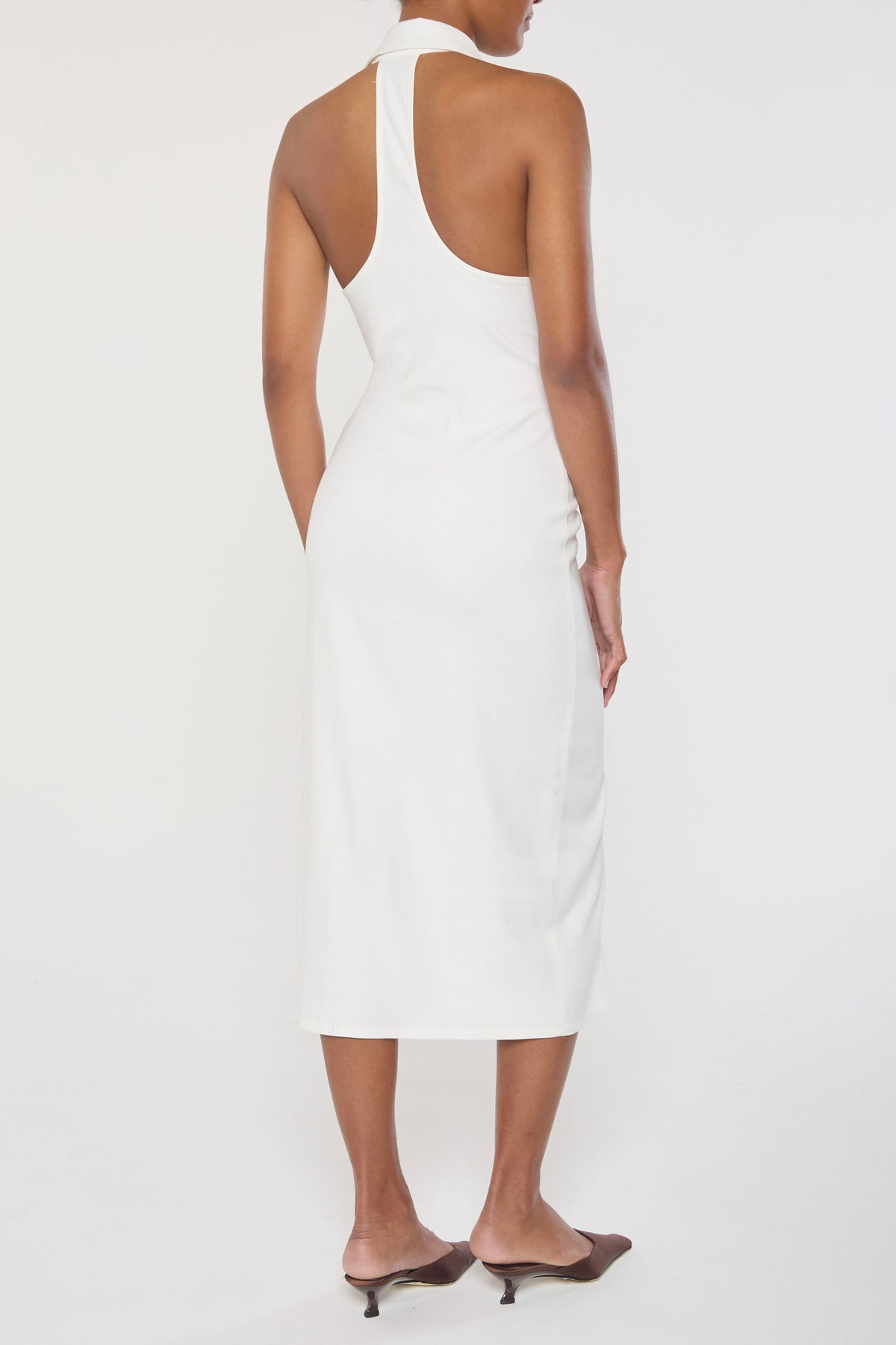 Bond Midi Dress White in Stretch Twill on Ecomm model