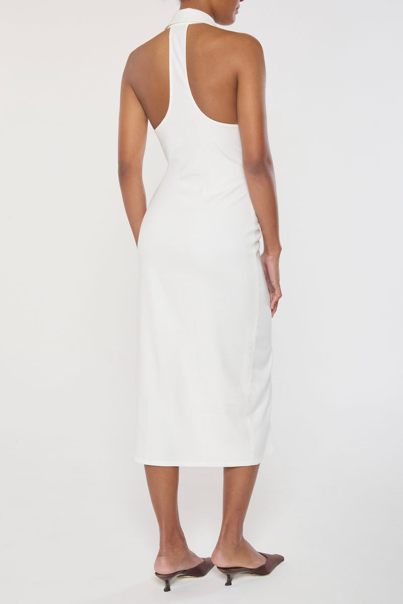 Bond Midi Dress White in Stretch Twill on Ecomm model