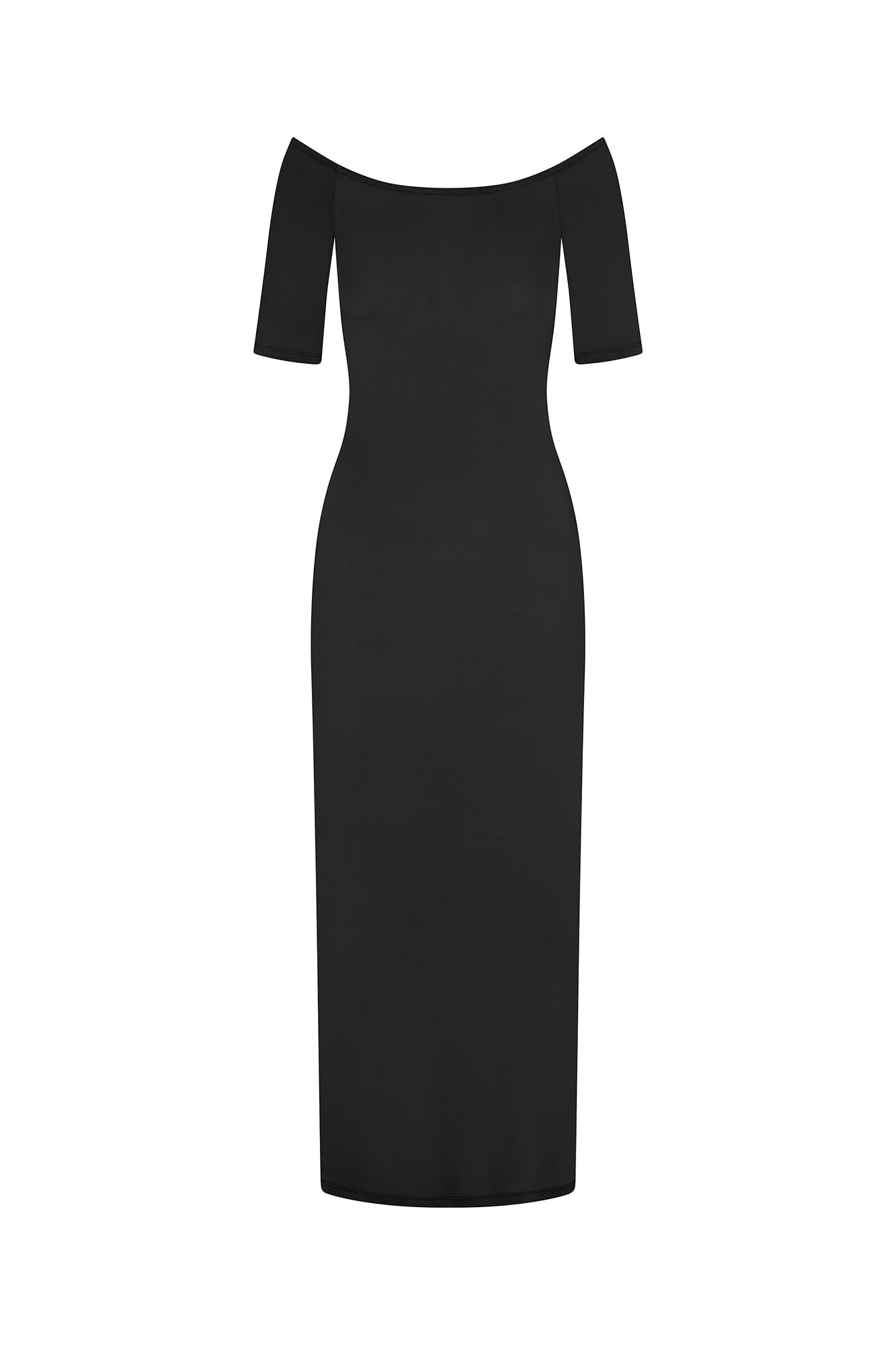 Carolyn Off The Shoulder Midi Dress in Luxe Cupro Jersey Black on White Background