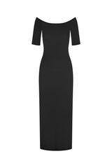 Carolyn Off The Shoulder Midi Dress in Luxe Cupro Jersey Black on White Background