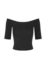 Carolyn Off The Shoulder Top in Luxe Cupro Jersey Black on White Background