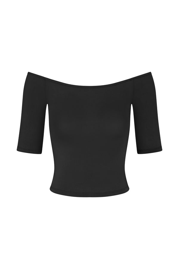 Carolyn Off The Shoulder Top in Luxe Cupro Jersey Black on White Background