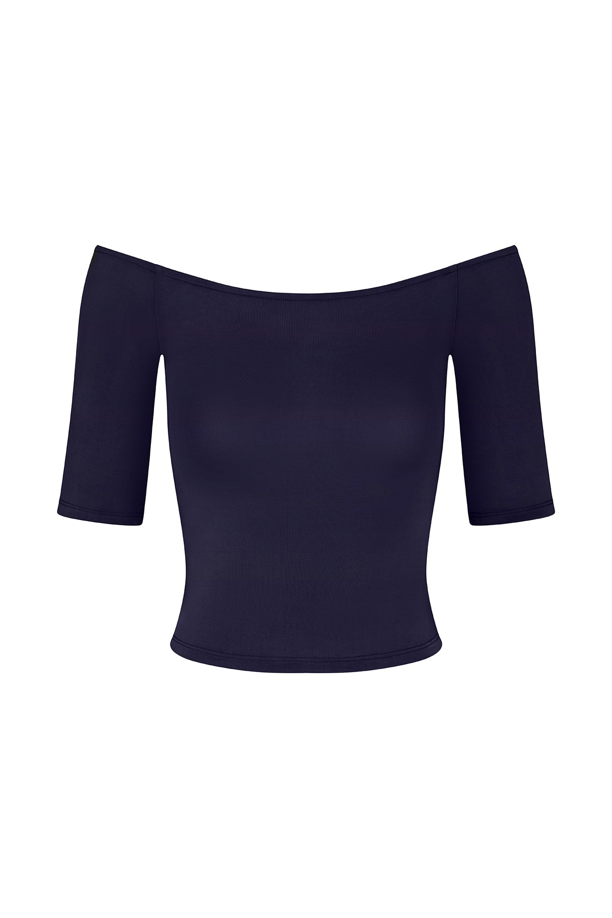Carolyn Off The Shoulder Top in Luxe Cupro Jersey Marine on White Background