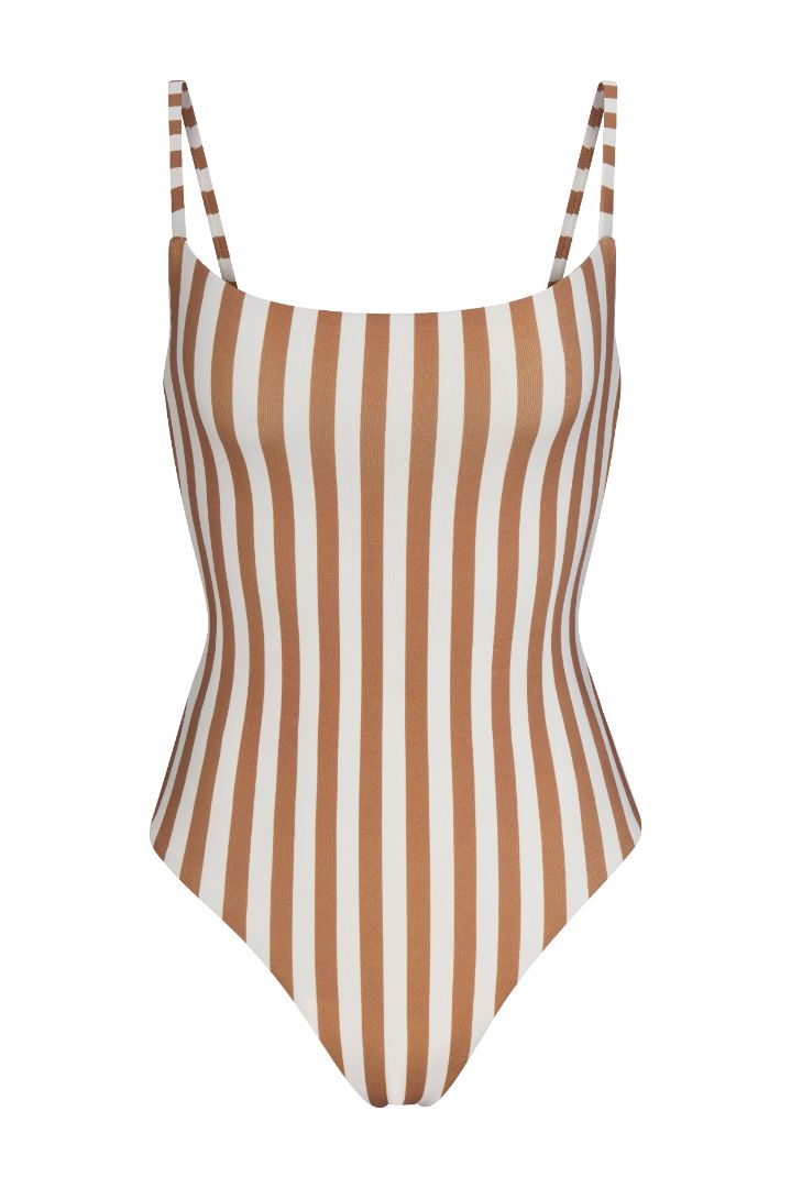 Classic Maillot One-Piece in vertical stripes, featuring a square neckline, adjustable straps, full-coverage back, and a timeless streamlined silhouette.