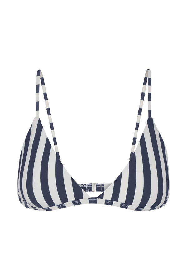 Marine and white striped bikini top on a white background