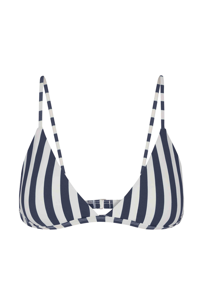 Marine and white striped bikini top on a white background