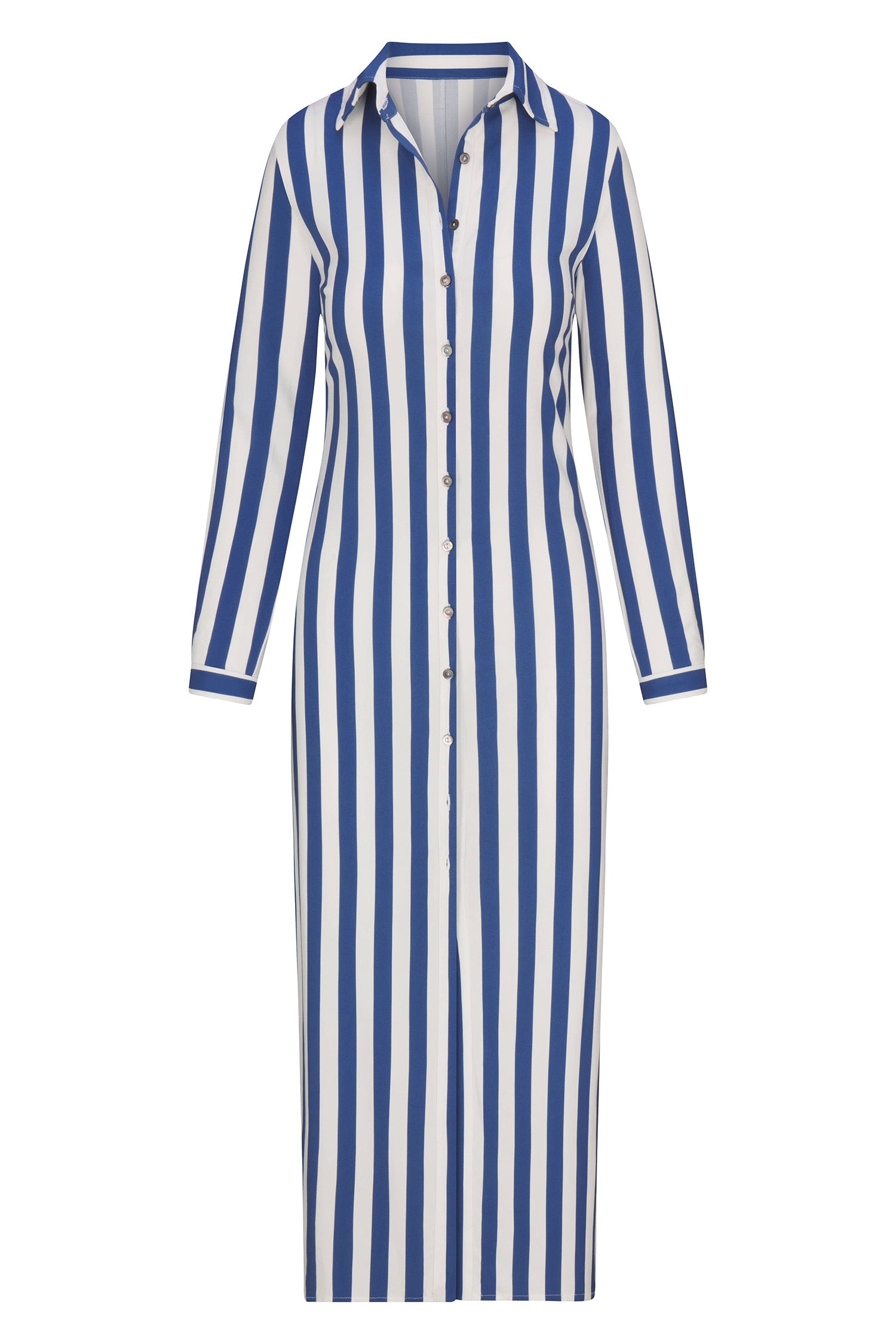 Collared Button-Down Maxi Shirt Dress Azure Stripe in Striped Stretch Twill on white background