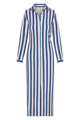 Collared Button-Down Maxi Shirt Dress Azure Stripe in Striped Stretch Twill on white background