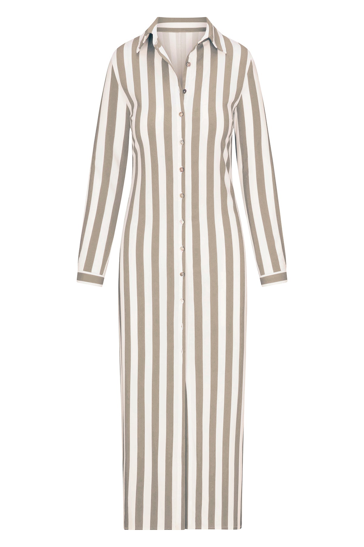 Collared Button-Down Maxi Shirt Dress Natural Stripe in Striped Stretch Twill on white background