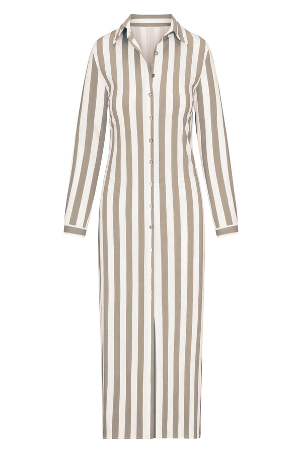 Collared Button-Down Maxi Shirt Dress Natural Stripe in Striped Stretch Twill on white background
