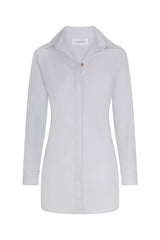 Collared mini dress in Italian stretch cotton featuring a classic button-down silhouette with a pointed collar, recycled tortoise shell buttons, and darted back detailing. An unlined, opaque mini dress designed for a structured yet comfortable fit.