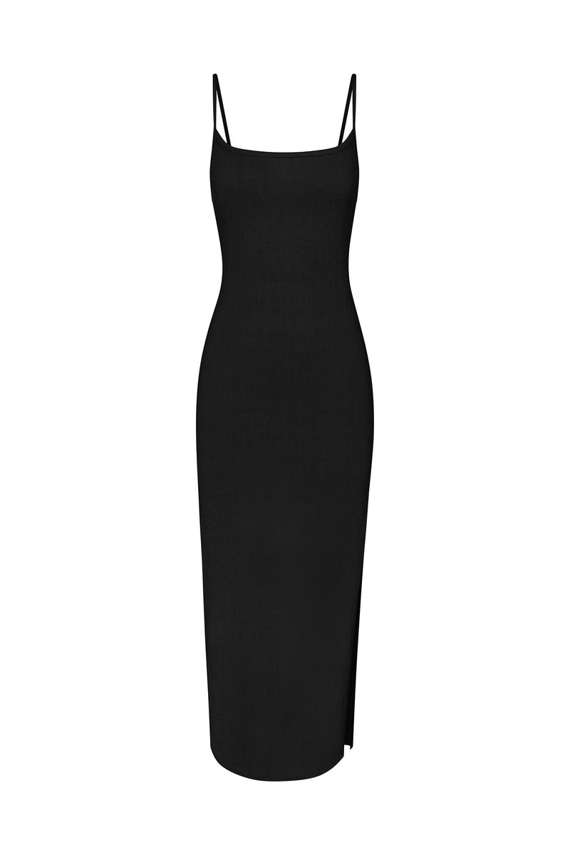 Column Sliding Strap Maxi Dress in Textured Stretch Black on White Background