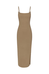 Column Sliding Strap Maxi Dress in Textured Stretch Taupe on White Background