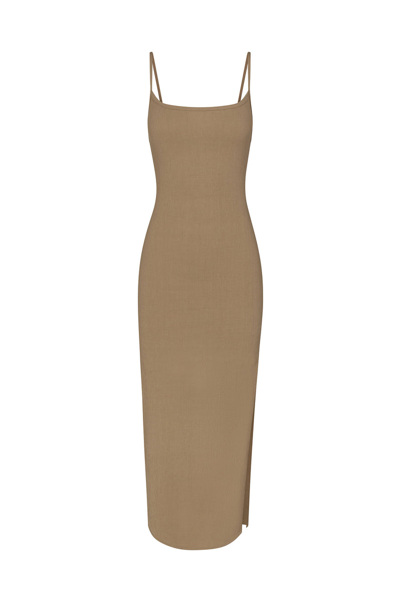 Column Sliding Strap Maxi Dress in Textured Stretch Taupe on White Background
