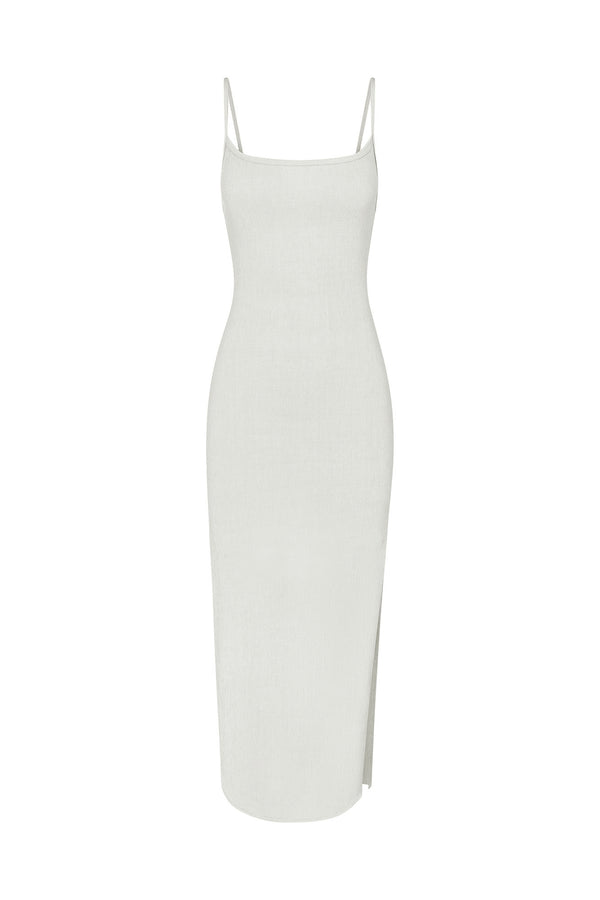 Column Sliding Strap Maxi Dress in Textured Stretch White on White Background