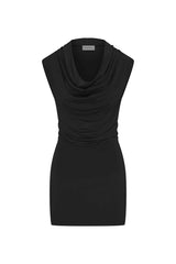 Model wearing the Cowl Neck Mini Dress Black in Compact Jersey which offers a perfect blend of structure and softness. It drapes beautifully while hugging the body in all the right places effortless, flattering, and easy to wear.