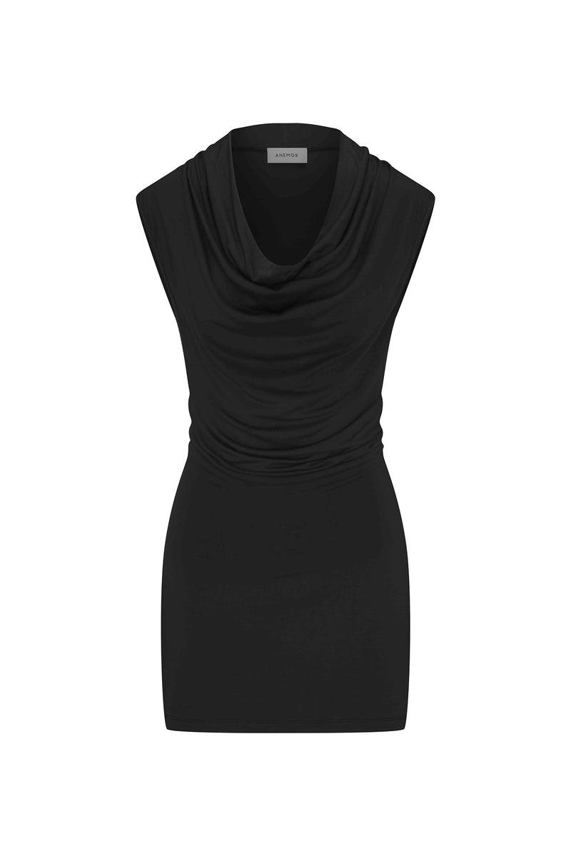 Model wearing the Cowl Neck Mini Dress Black in Compact Jersey which offers a perfect blend of structure and softness. It drapes beautifully while hugging the body in all the right places effortless, flattering, and easy to wear.