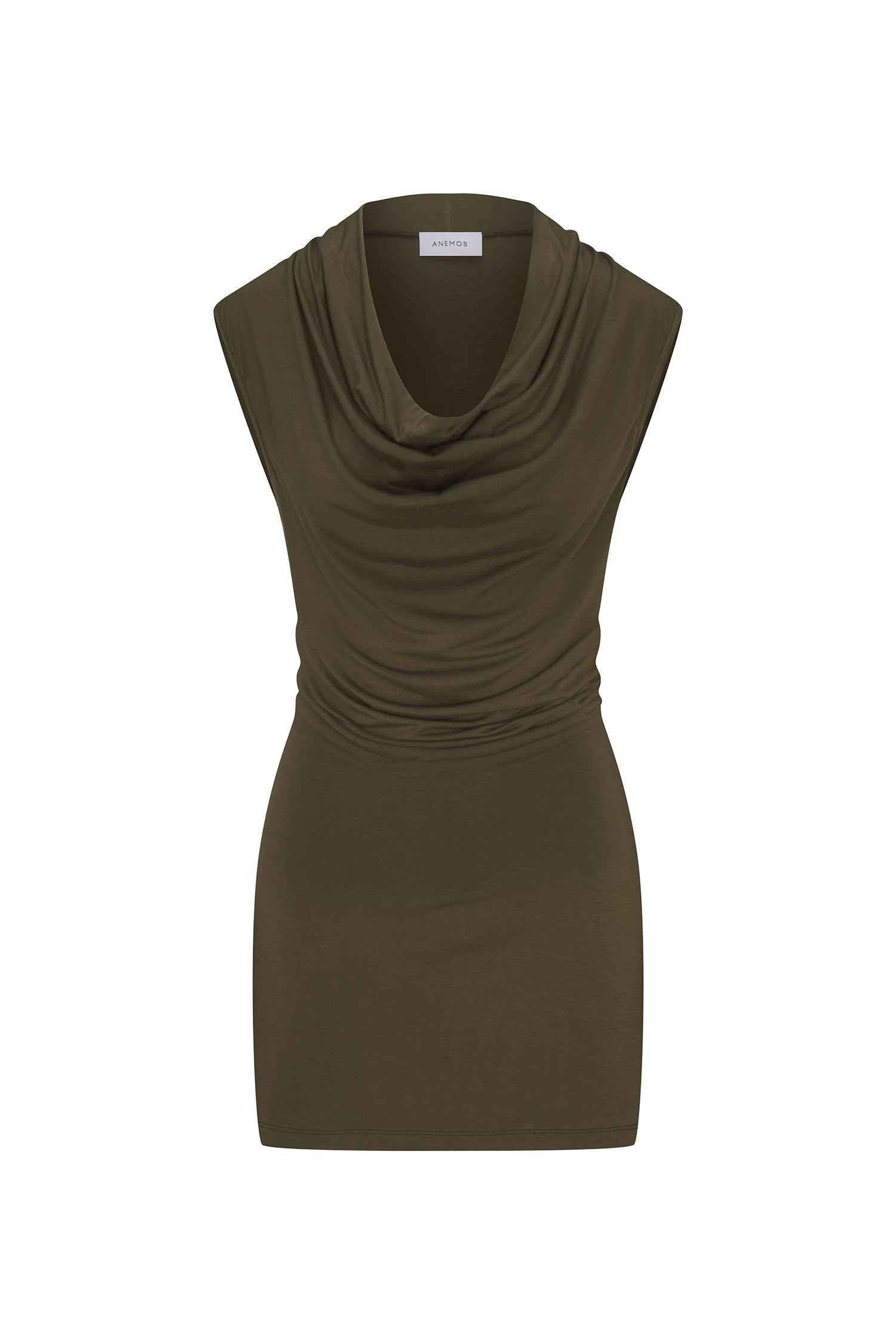 Cowl Neck Mini Dress Cypress Green in Compact Jersey on a white background