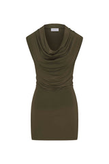 Cowl Neck Mini Dress Cypress Green in Compact Jersey on a white background