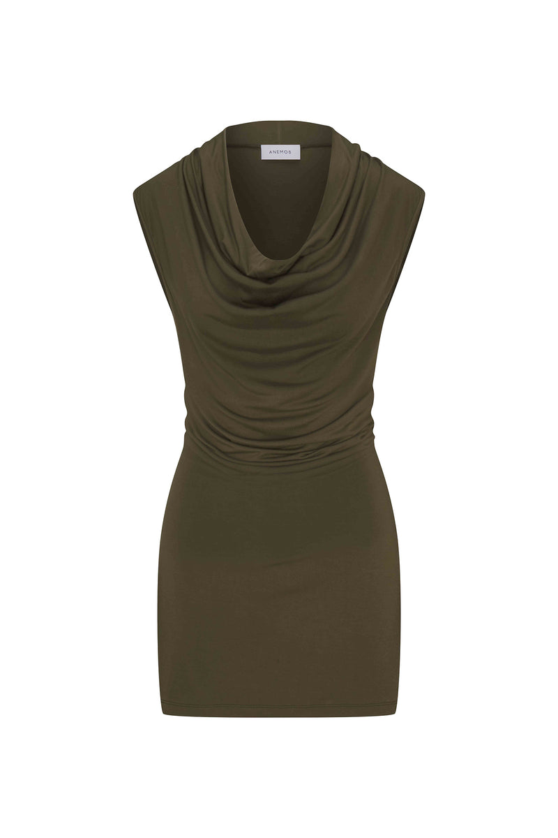 Cowl Neck Mini Dress Cypress Green in Compact Jersey on a white background