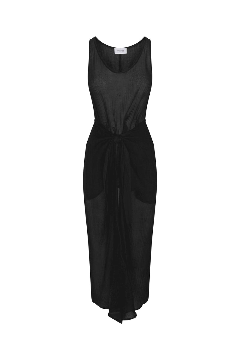 D.K. Midi Wrap Dress Black in Woven Bamboo Cotton Gauze on a white background
