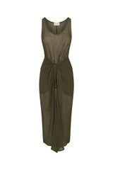 D.K. Midi Wrap Dress Cypress Green in Woven Bamboo Cotton Gauze on a white background