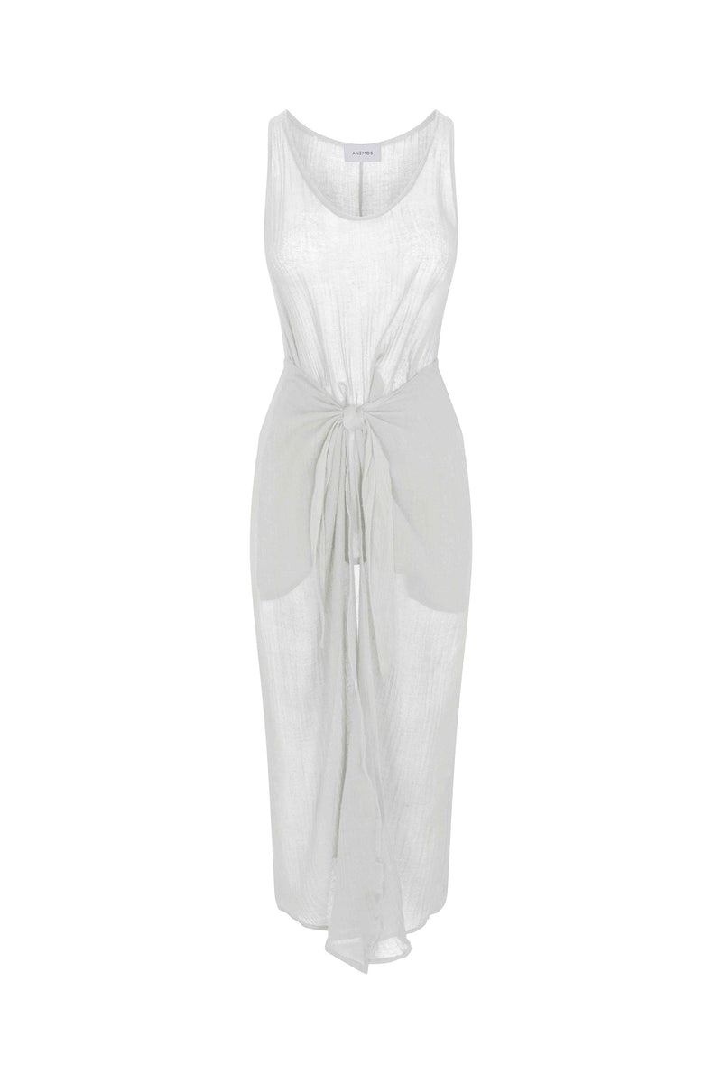 D.K. Midi Wrap Dress White in Woven Bamboo Cotton Gauze on a white background