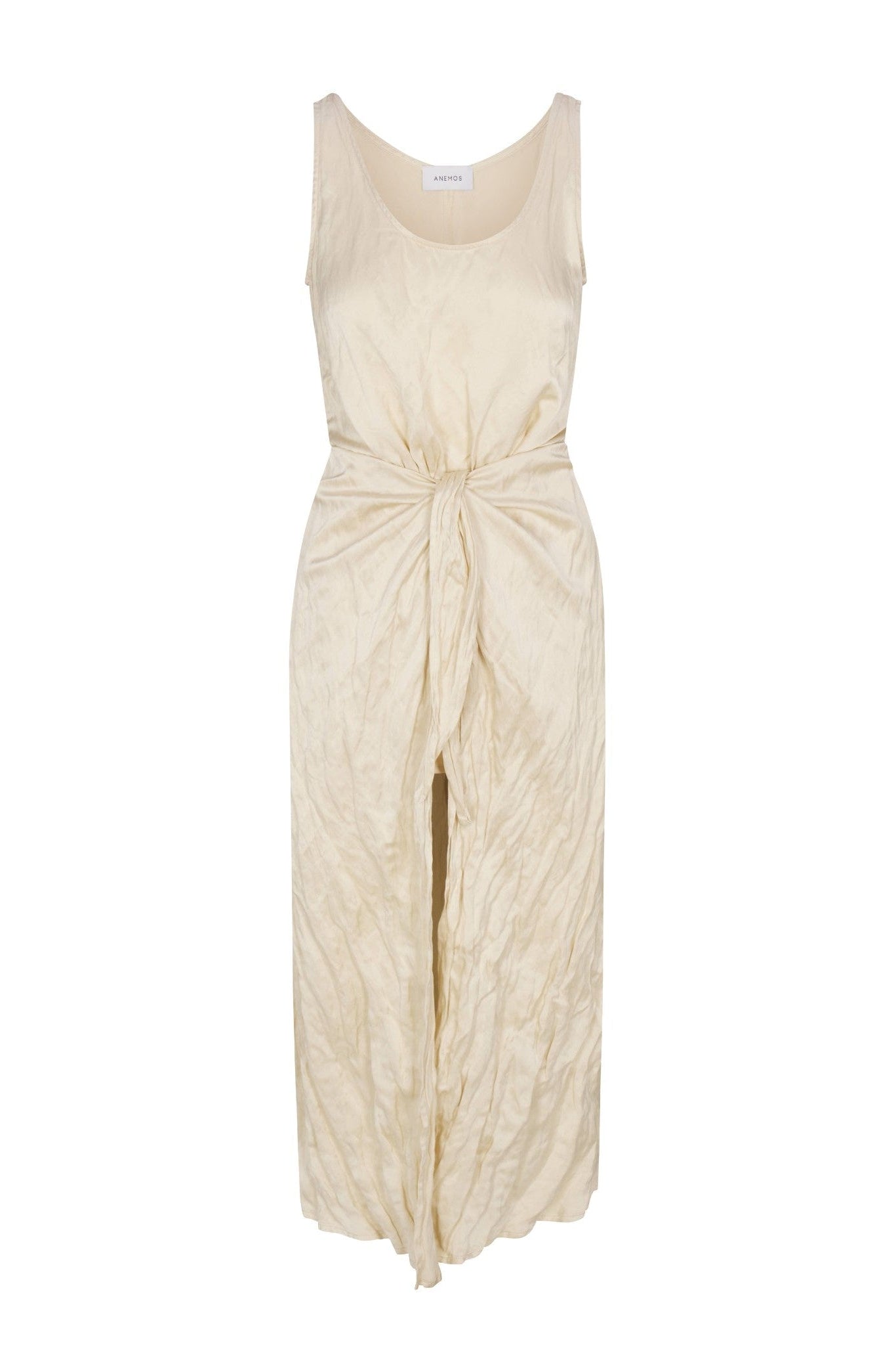 D.K. Midi Wrap Dress in lustrous crinkle weave on a white background. Elegant, lightweight and perfect for daytime events, summer outings, or evening wear.