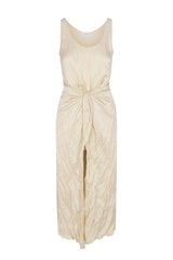 D.K. Midi Wrap Dress in lustrous crinkle weave on a white background. Elegant, lightweight and perfect for daytime events, summer outings, or evening wear.