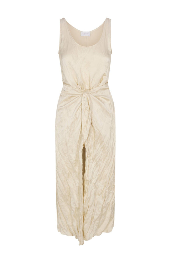 D.K. Midi Wrap Dress in lustrous crinkle weave on a white background. Elegant, lightweight and perfect for daytime events, summer outings, or evening wear.