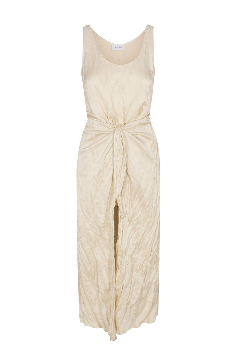 D.K. Midi Wrap Dress in lustrous crinkle weave on a white background. Elegant, lightweight and perfect for daytime events, summer outings, or evening wear.